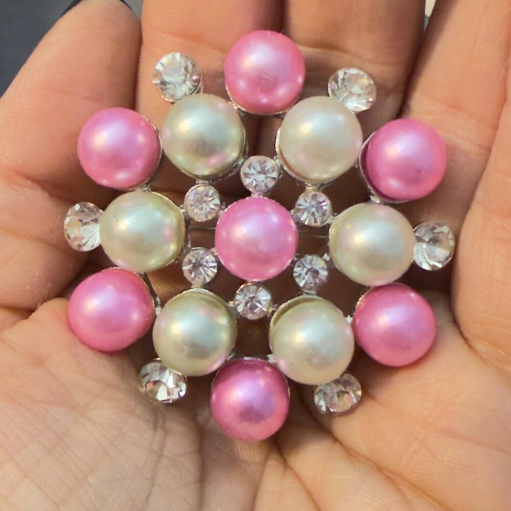 Flower Brooch Pink Gray Cabochon Rhinestone Silver Tone Pin 2 Inch